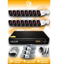 ELITCAM 16 Kameralı Kare 16 Dış Kamera Set HDD'siz Full HD Gece Görüşlü Güvenlik Kamerası Sistemi