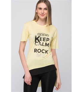 8101001 Keep Calm Baskılı Sol Yaka Kesik Kısa Kol Tunik SARI