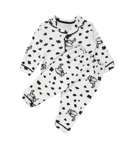 Unisex Ekru Siyah İnek Desenli Kruvaze Yaka Pijama Takımı