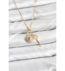 316L Çelik Zincir Gold Renk Kilit Anahtar Model Zirkon Taşlı Kadın Kolye - TJ-BKO10881