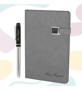 Kişiye Özel Metal Roller Kalem & Metal Detaylı Defter Hediye Seti (Gümüş Gri)