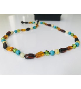 NİSSBEBE, SERTİFİKALI ORİJİNAL KEHRİBAR BEBEK DİŞ KOLYESİ 32-33 cm 0-4 YAŞ (Turkuaz Taşlı)