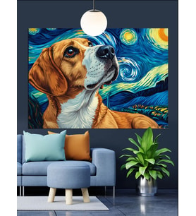 Yıldızlı Gökyüzünde Beagle Köpek Dekoratif Kanvas - Mdf Ahşap Tablo