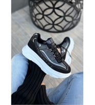 Siyah Renk, Süet, Gri Detaylı, Hafif, Ortapedik Taban, Kadın Spor, Yüksek Taban Ayakkabı, Sneaker Tarzkea