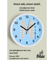 İsme Özel M Harfi Çocuk Odası Duvar Saati Orta Boy 30 cm Beyaz Camlı Sessiz