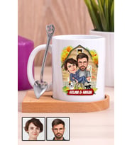 Sevgiliye Özel Hediye Ev Temalı Karikatürlü Ahşap Altlıklı Beyaz Kupa Bardak