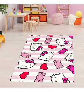 Hello Kitty Kedi Desenli Kedili Kalpli Halı Dijital Baskı Yıkanabilir Kaymaz Taban Çocuk Odası Halıs (Beyaz)