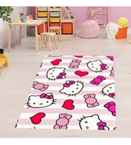 Hello Kitty Kedi Desenli Kedili Kalpli Halı Dijital Baskı Yıkanabilir Kaymaz Taban Çocuk Odası Halıs (Beyaz)