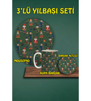 Yılbaşı Temalı 3'lü Bilek Destekli Mousepad Kupa ve Bardak Altlığı Seti