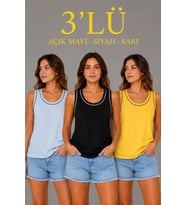 3’lü Kolsuz Sporcu Atlet Seti Yazlık Bisiklet Yakalı - Sarı, Siyah, Bebe Mavisi