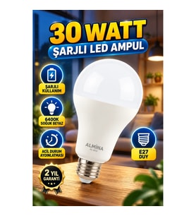 30W Şarjlı LED Ampul – E27 Duy 6400K Soğuk Beyaz Acil Durum Aydınlatması