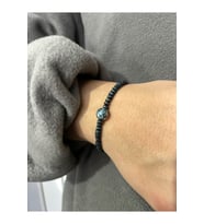 Unisex - Çok Zarif Petrol Mavisi Doğal Taş Detaylı Ahşap Bileklik  Handmade