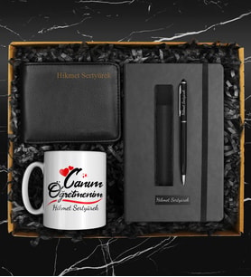 Öğretmenler Gününe Özel Canım Öğretmenim Kupası & Kişiye Özel Defter & Deri Kılıflı Touch Pen Kalem& Cüzdan Hediye Seti