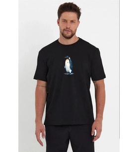 Erkek T-Shirt Penguen Baskılı Bisiklet Yaka Kısa kol yazlık Tişört - Siyah
