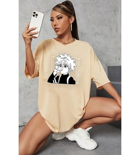 Unisex Killua Zoldyck Baskılı T-shirt (Bej)