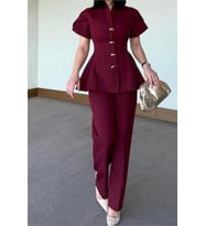 kadın bordo gold düğme detaylı peplum kesim premium takım NBSTR4423