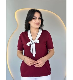 Kadın Kısa Kollu V Yaka Fular Detay Merserize Triko Bbluz