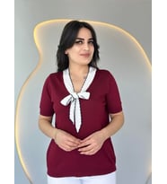 Kadın Kısa Kollu V Yaka Fular Detay Merserize Triko Bbluz (Bordo)
