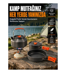 Mey İthalat® Katlanabilir Kulplu Alüminyum Kamp Tencere Tava Çaydanlık Seti Piknik ve Doğa Kampı İçi