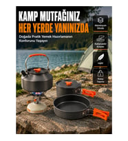 Mey İthalat® Katlanabilir Kulplu Alüminyum Kamp Tencere Tava Çaydanlık Seti Piknik ve Doğa Kampı İçi