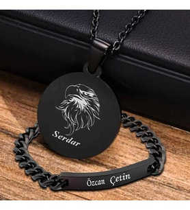 Kişiye Özel İsimli Çelik Kolye Çelik Bileklik Çelik Set Kartal Baskılı
