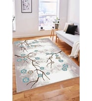 Turkuaz Çiçekli Kaymaz Taban Makinede Yıkanabilir Halı FW002 - 100 x 160 cm