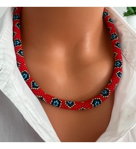 Chibeads Kırmızı Nazar Boncuğu Desenli Boncuk Kolye ve Bileklik Set
