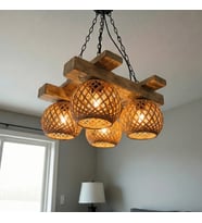 Celestia Home Rustik Avize El Yapımı 4’lü Kare Masif Ahşap Hasır Örgü Başlıklı – Salon, Mutfak ve Oturma Odası Için Bohem Çiftlik Evi Tarzı Zincirli Sarkıt Tavan Lambası (40X40 Cm)