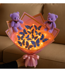 Ledli 24 Adet Kelebek Buketi Lila Renkli Peluş Ayıcıklı