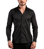 Siyah Ekstra Dar Kesim Likralı Esnek Micro Kumaş Kol Düğmeli Slim Fit Erkek Gömlek - 195-6