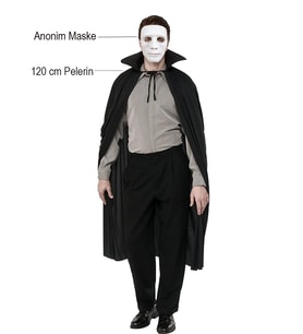 Siyah Renk Yakalı 120 Cm Pelerin Ve Beyaz Anonim Maske