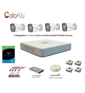 Hikvision 2mp 4 kameralı Dış ortam AHD HD-TVI ColorVu Gece Renkli Kamera Seti 1TB Disk