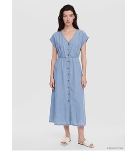 LCW Comfort İndigo V Yaka Belden Oturtmalı Jean Elbise