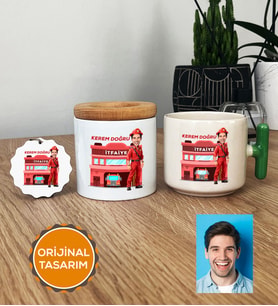 Kişiye Özel Karikatürlü İtfaiyeci  Hediye Seti T Kupa, Kalemlik, Anahtarlık Erkek İtfaiyeciye Hediye (Yeşil)