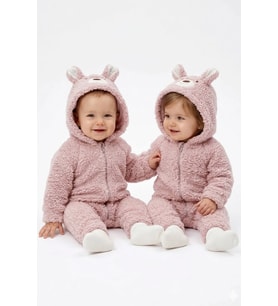 Unisex Pembe Ayı Nakışlı Kapşonlu Peluş Tulum