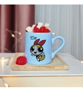 Power Puff Girls ( Blossom ) Tasarımlı Kişiye Özel Mavi Türk Kahvesi Fincanı