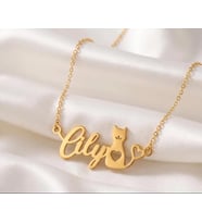Kişiye Özel 925 Ayar Gümüş Kedi Figürlü İsim Kolye (Gold)