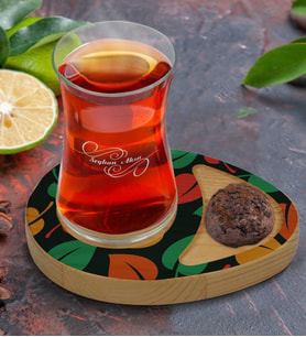 BK Gift Kişiye Özel Yapraklar Tasarımlı Doğal Ahşap Tabaklı Heybeli Çay Bardağı Sunum Seti Model 7