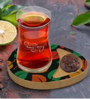 BK Gift Kişiye Özel Yapraklar Tasarımlı Doğal Ahşap Tabaklı Heybeli Çay Bardağı Sunum Seti Model 7