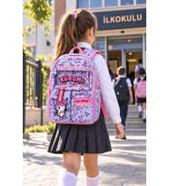 Kuromi Kız Çocuk İlkokul Çantası Pembe Lila 3 Gözlü Renkli Okul Sırt Çantası 42 x 27 x 15 cm