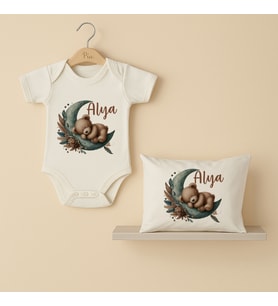 Pia Baby Premium %100 Pamuk İsme Özel Organik Baskılı Çıtçıtlı Bebek Body Ve Yastık Kılıfı 5002-19 (Ekru)