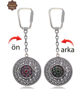 Yakut ve Zümrüt Taşlı Yıldız Model Çift Taraflı Oksitli Gümüş Telkari Anahtarlık 201025179