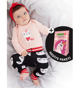 Kedi Kız Bebek Body Tayt-Pantolon Takım (Çok Renkli)