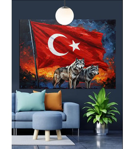 Türk Bayrağı Kurt Sembolü Dekoratif Kanvas - Mdf Ahşap Tablo