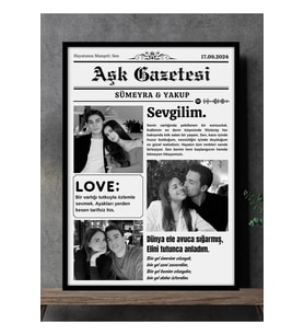 Kişiye Özel Fotoğraflı Aşk Gazetesi Çerçevesi – Sevgiliye Özel Hatıra Tablosu