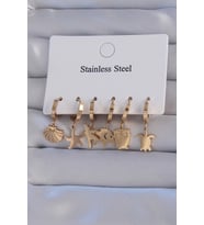 pilelistore 316L Çelik Gold Renk Zirkon Taşlı Hayvan Figürlü Deniz Yıldızı Model Halka Küpe Seti - T