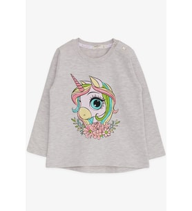Breeze Kız Çocuk Uzun Kollu Tişört Unicorn Baskılı 1.5-5 Yaş, Bej Melanj