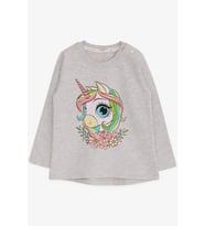 Breeze Kız Çocuk Uzun Kollu Tişört Unicorn Baskılı 1.5-5 Yaş, Bej Melanj