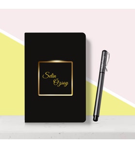 BK Gift Kişiye Özel Altın Çerçeve Tasarımlı Siyah Defter Kalem Seti-1