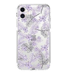 Apple iPhone 11Kamera Korumalı Tıpalı Kapak Floral Lila Tasarımlı Şeffaf Kılıf